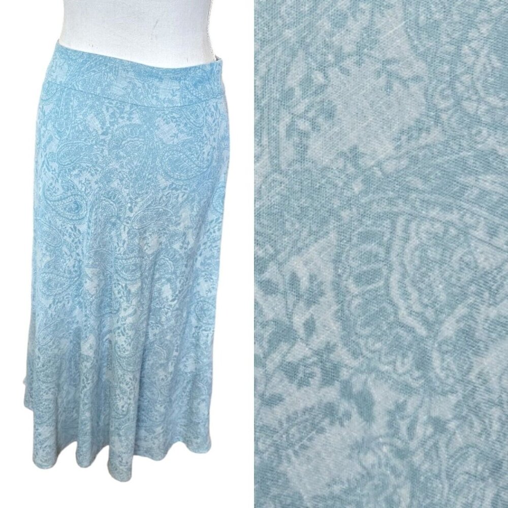 Y2K Womens 8 Light Blue Teal Turqouise Midi Skirt Linen Blend Paisley Floral